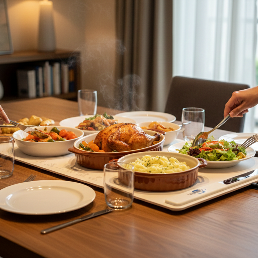 Large warming mat with plates and dishes